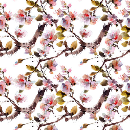 Watercolor seamless pattern with blossom sakura branch, oriental traditional sumi-e paintingの写真素材