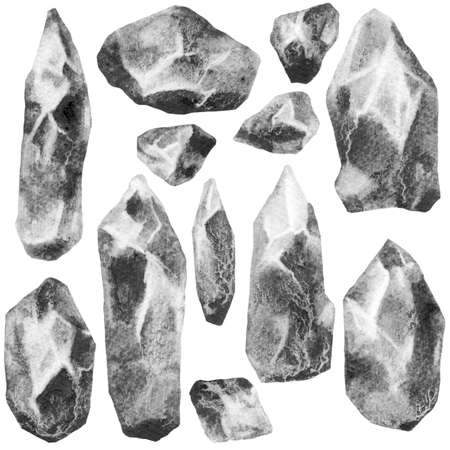 Watercolor and ink sketch - illustration of stone crystals, grunge texture objects on white backgroundの写真素材