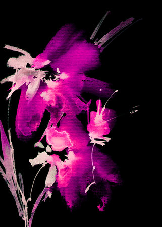 Watercolor blue flowers with leaves. Hand drawn modern painting, chinese painting, sumi-e oriental traditional painting. Artistic print for greeting card, invitation or book cover design. Hand drawn.の写真素材