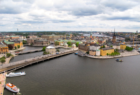 Sweden Stockholm. Wonderful aerial panorama from observation deck on tower City Hall to Gamla Stan (Old Town)の写真素材