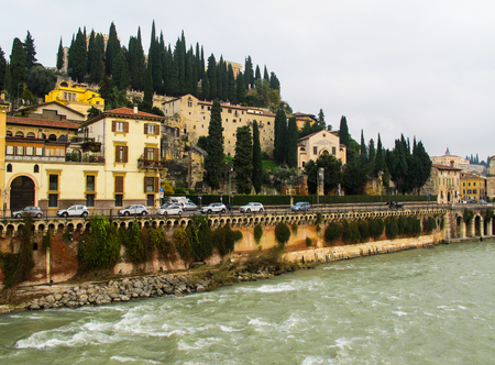 Beautiful view of Castle San Pietro (St.Peter's Castle), Adige river and cityscape of Verona, Italyのeditorial素材
