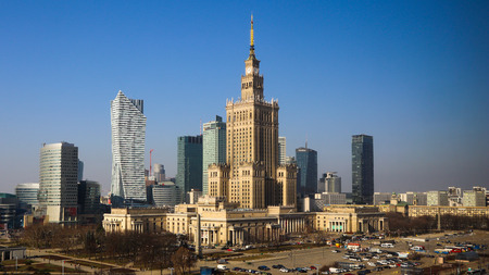 Warsaw / Poland - February 28, 2019: Aerial view center of the city. Palace of Culture and Science and business skyscrapersの写真素材