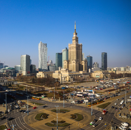 Warsaw / Poland - February 28, 2019: Aerial view center of the city. Palace of Culture and Science and business skyscrapersの写真素材