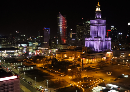 Warsaw, Poland. Aerial view center of the city in the night. Palace of Culture and Science and business skyscrapersのeditorial素材
