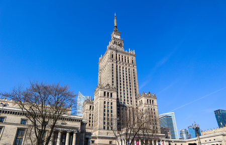 Warsaw / Poland - April 03 2019. Palace of Culture and Science and business skyscrapers in the city centerのeditorial素材