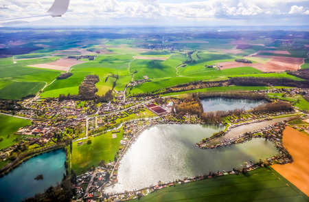 Aerial view of village landscape near Paris France on sunny dayの写真素材
