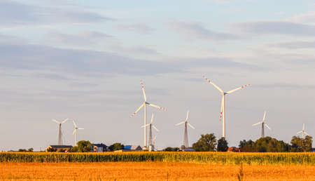 Wind farm in the field, wind turbines spin to generate electricity, alternative energy and green...