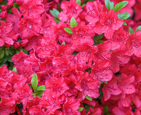 Blooming red azalea flowers with dew drops in spring garden. Gardening concept. Floral backgroundの写真素材
