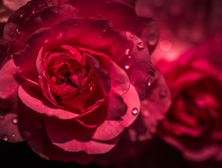 Background of red roses with dew drops. Macro flowers backdrop for holiday brand designの写真素材