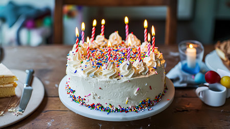 Birthday cake with candles on wooden table, selective focus, vintage style.の素材