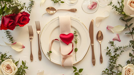 Festive table setting with cutlery, candles and beautiful red flowers in vase.の素材