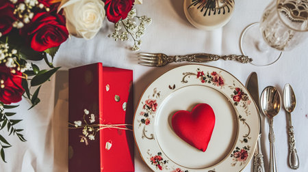 Festive table setting with cutlery, candles and beautiful red flowers in vase.の素材