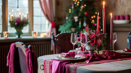 Festive table setting with cutlery, candles and beautiful red flowers in vase.の素材