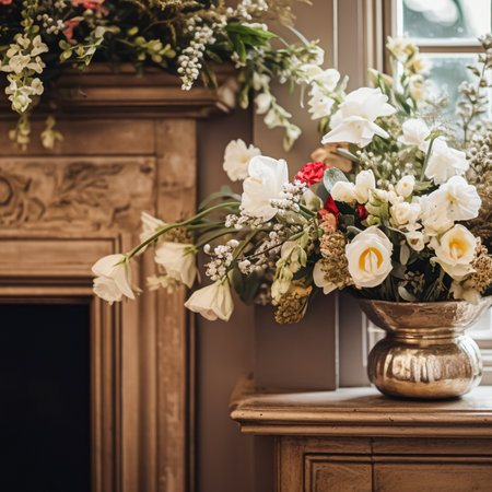 Beautiful bouquet of flowers in a vase on the windowsill. AI generatedの素材