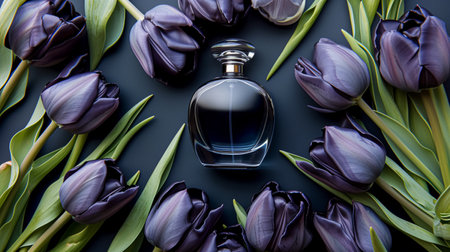 Perfume bottle with beautiful flowers. Floral background. Beauty concept. Flat lay, top view.の素材