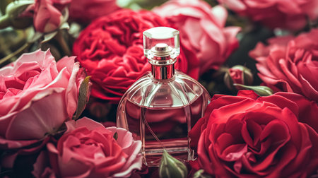 Perfume bottle with beautiful flowers. Floral background. Beauty concept. Flat lay, top view.の素材