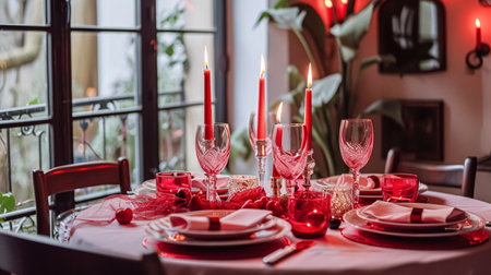 Festive table setting with cutlery, candles and beautiful red flowers in a vase.の素材