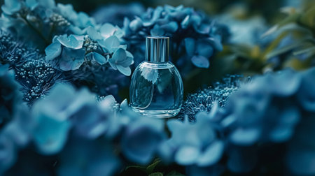 Perfume bottle with beautiful flowers. Floral background. Beauty concept. Flat lay, top view.の素材