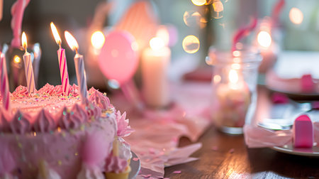 Birthday cake decorated with candles and flowers on the festive table with pink baloons. Selective focusの素材