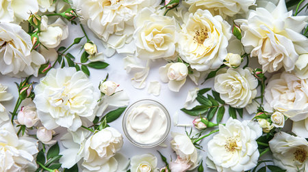 Cosmetic branding, toiletries and skincare concept. Face cream moisturizer jar on floral background, moisturizing skin care lotion and lifting emulsion, anti-age cosmetics for luxury beauty brandの素材