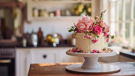Birthday cake decorated with candles and flowers on the festive table with pink baloons. Selective focusの素材