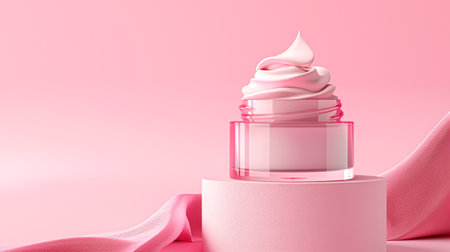 Cosmetic cream in a glass jar on a pink background. Skin care concept. Backdrop for beauty productsの素材
