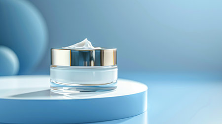 Cosmetic cream in a glass jar on a blue backdrop. Skin care concept. Background for beauty productsの素材
