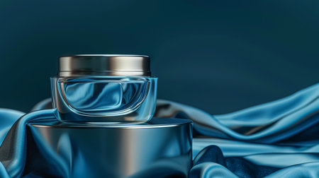 Cosmetic cream in a glass jar on a blue backdrop. Skin care concept. Background for beauty productsの素材