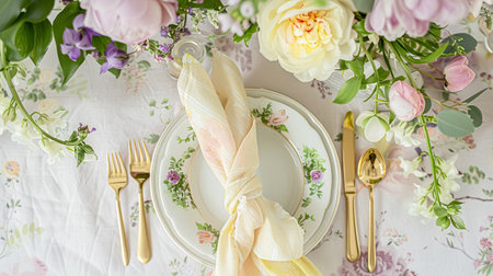 Easter table setting with painted eggs, spring flowers and crockery. Rustic style, selective focusの素材