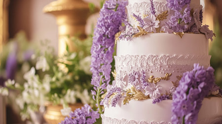 Wedding table decoration with lavender flowers, sweets, cake and candlesの素材