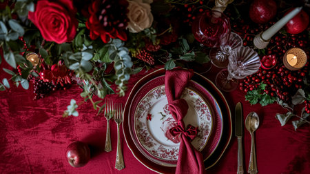 Festive table setting with cutlery, candles and beautiful red flowers in a vase.の素材