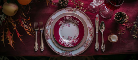 Festive table setting with cutlery, candles and beautiful red flowers in a vase.の素材