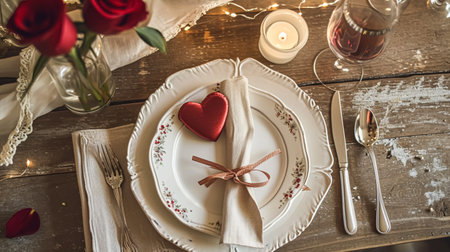 Festive table setting with cutlery, candles and beautiful red flowers in a vase.の素材