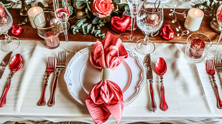 Festive table setting with cutlery, candles and beautiful red flowers in a vase.の素材