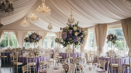 Wedding table decoration with lavender flowers, sweets, cake and candlesの素材