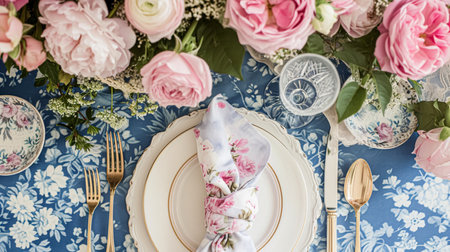 Table setting with rose flowers and candles for an event party or wedding reception in the summer garden.の素材