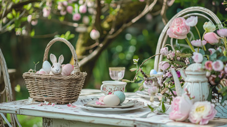 Easter table setting with painted eggs, spring flowers and crockery. Rustic style, selective focusの素材