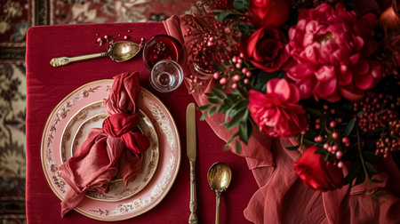 Festive table setting with cutlery, candles and beautiful red flowers in a vase.の素材