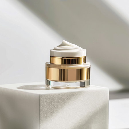 Cosmetic cream in a glass jar on a blue backdrop. Skin care concept. Background for beauty productsの素材