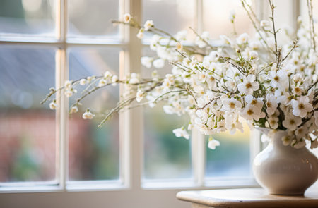 Beautiful bouquet of flowers in a vase on the windowsill. AI generatedの素材