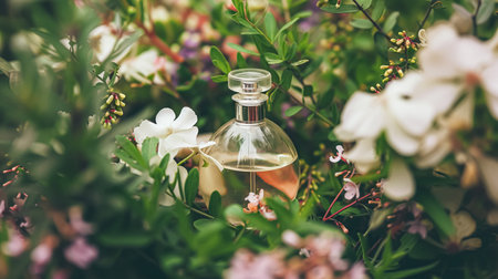 Perfume bottle with beautiful flowers. Floral background. Beauty concept. Flat lay, top view.の素材