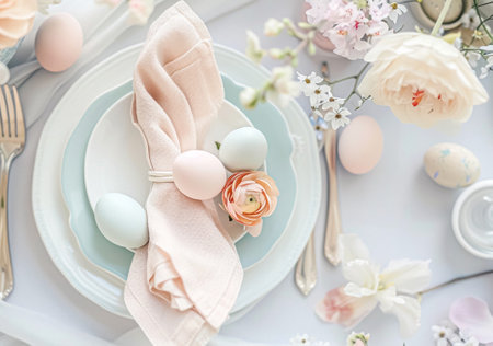 Easter table setting with painted eggs, spring flowers and crockery. Rustic style, selective focusの素材