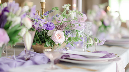 Wedding table decoration with lavender flowers, sweets, cake and candlesの素材