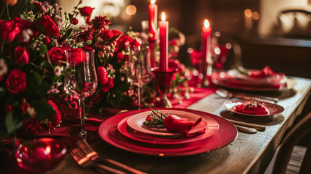 Festive table setting with cutlery, candles and beautiful red flowers in a vase.の素材
