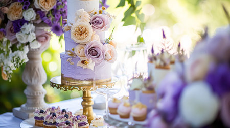 Wedding table decoration with lavender flowers, sweets, cake and candlesの素材