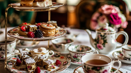 Elegant table setting for tea party with cakes and cupcakes in English manor. Selective focus. Vintage styleの素材