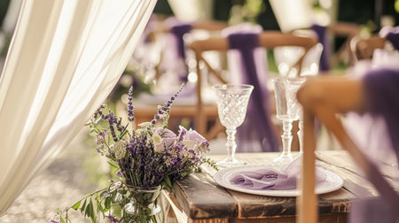 Wedding Ceremony Decorated with Lavender Flowers in the garden. Holiday conceptの素材