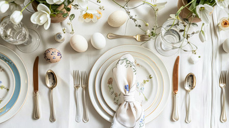 Easter table setting with painted eggs, spring flowers and crockery. Rustic style, selective focusの素材