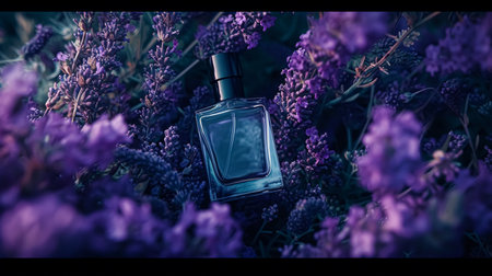 Perfume bottle with beautiful flowers. Floral background. Beauty concept. Flat lay, top view.の素材