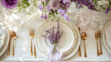Wedding table decoration with lavender flowers, sweets, cake and candlesの素材